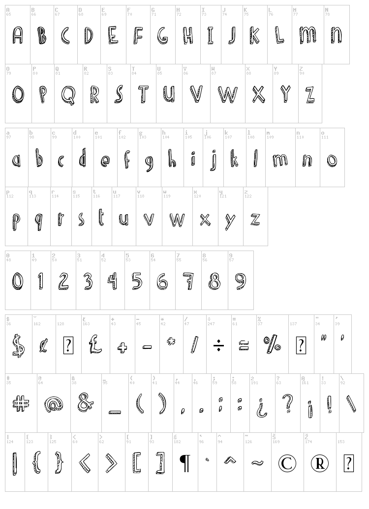 Denne Shuffle Euro Hollow font map